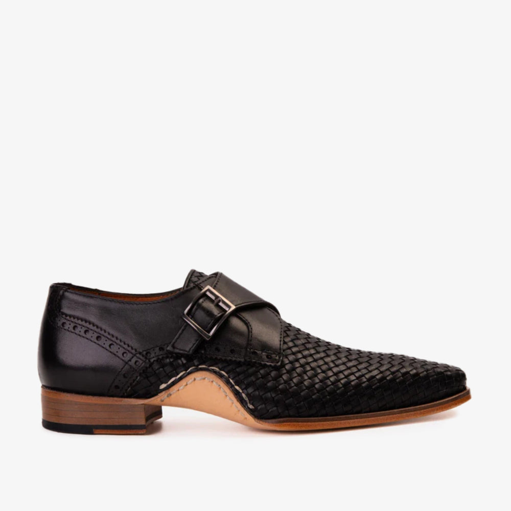 The Rolls Woven Black Leather Single Monk Strap Handmade Shoe