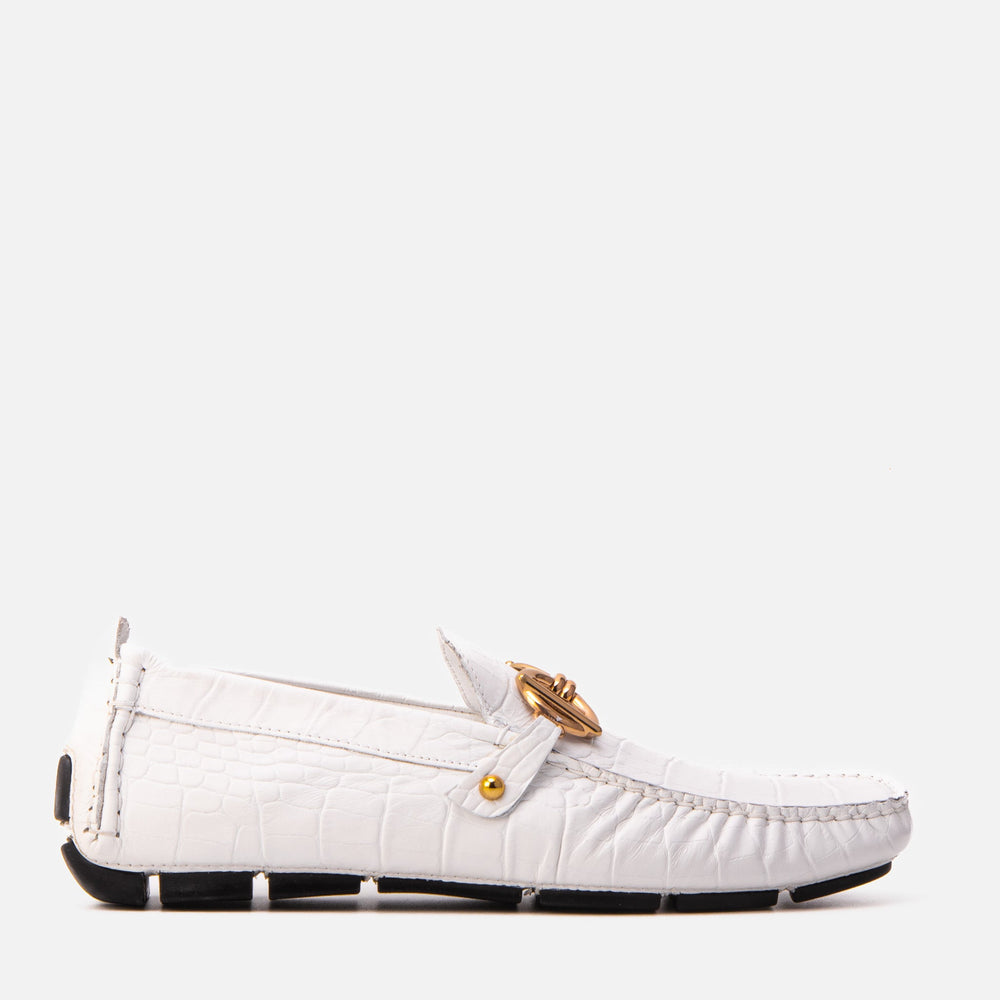 The Pisa White Leather Bit Drive Loafer Shoe
