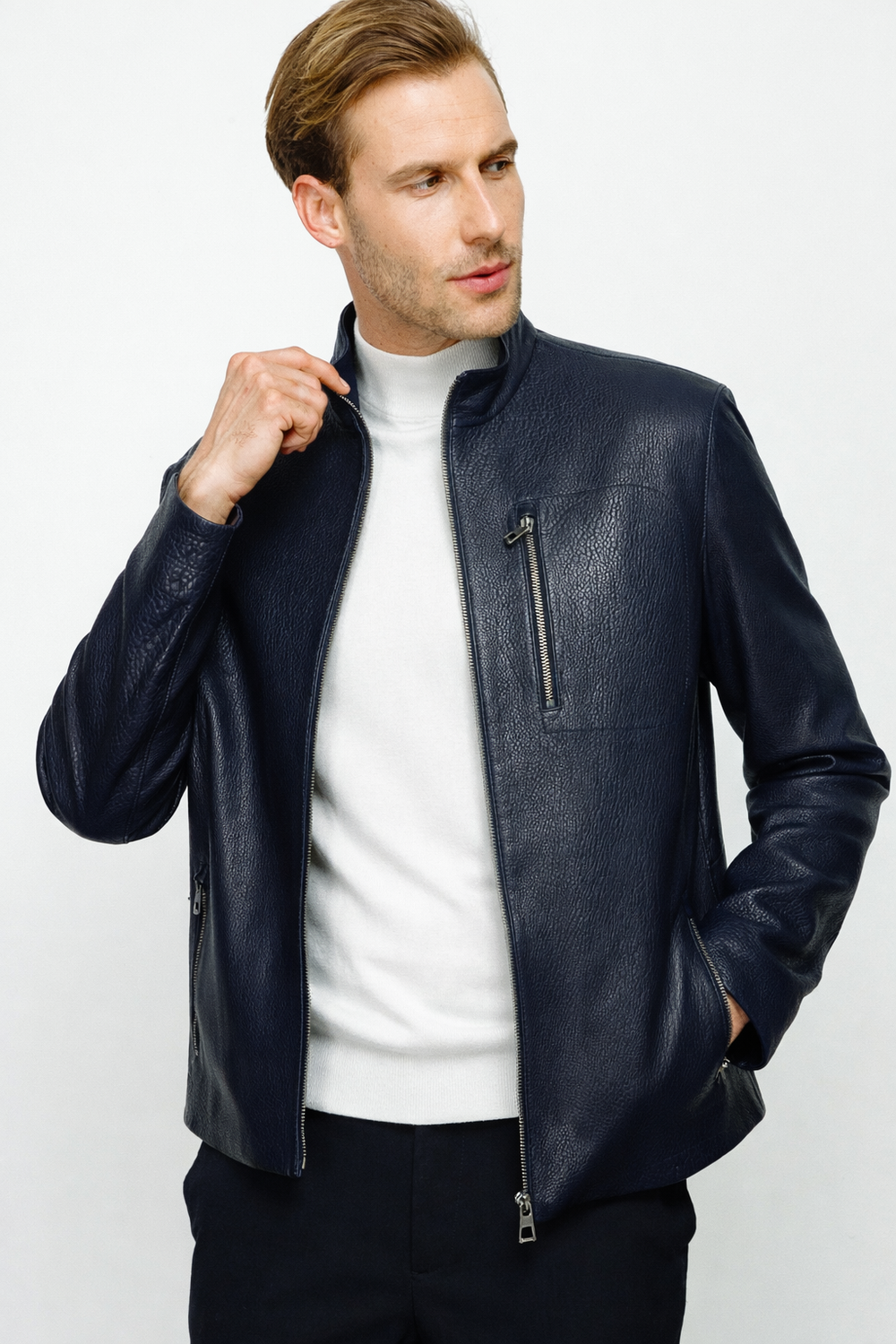 The Blanchard Navy Blue Leather Jacket