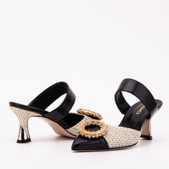 The Valencia Black Cream Jewel Heel Women's Mule Sandal