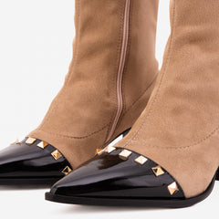 The Amethyst Studded Beige Black Suede Leather Women’s Boot