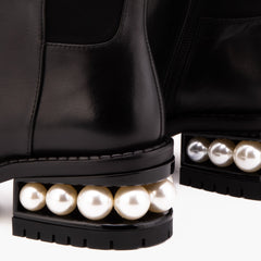 The Valeria Pearl Heel Knee-High Black Leather Boot