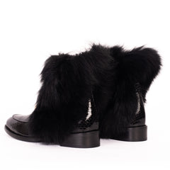 The Izmir Black Patent Leather Natural Fur Mid Calf Boot