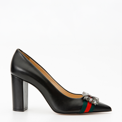 The Afega Black Leather Block Heel Pump Shoe