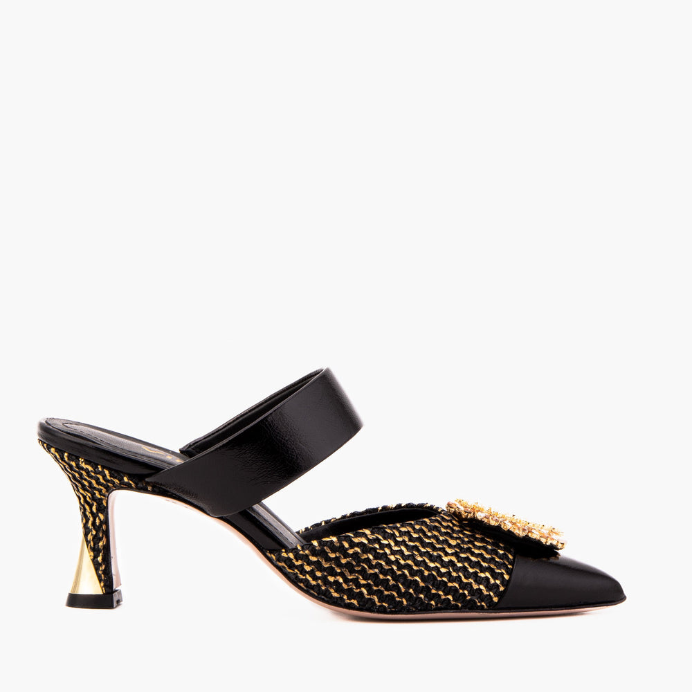 The Valencia Black Gold Jewel Heel Mule Sandal