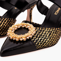 The Valencia Black Gold Jewel Heel Mule Sandal