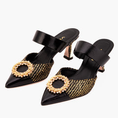 The Valencia Black Gold Jewel Heel Mule Sandal