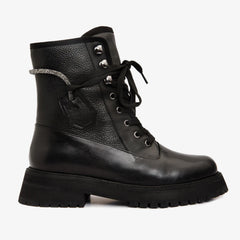 The Arata Black Leather Lace-Up Ankle Boot With a Side Zipper