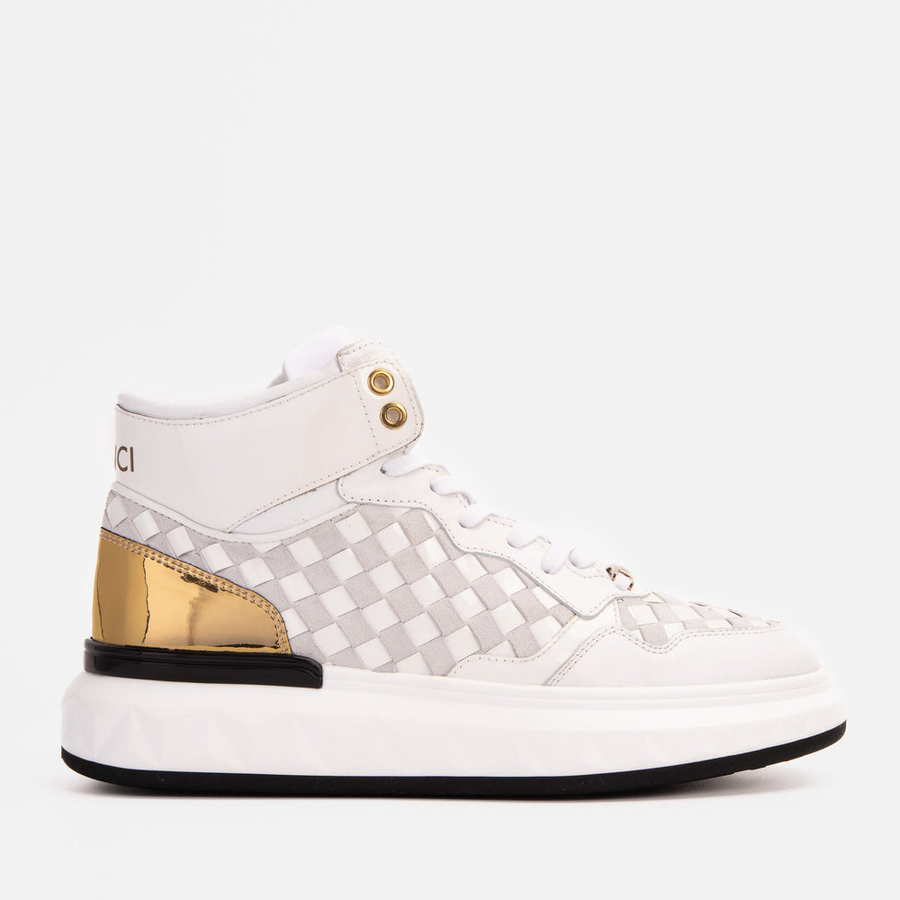 The Eugene White Gold Woven Leather High-Top Sneaker