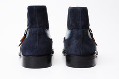 The Albus Navy Blue Leather Suede Double Strap Monk Brogue Boot