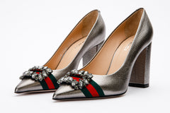 The Afega Silver Leather Block Heel Pump Shoe