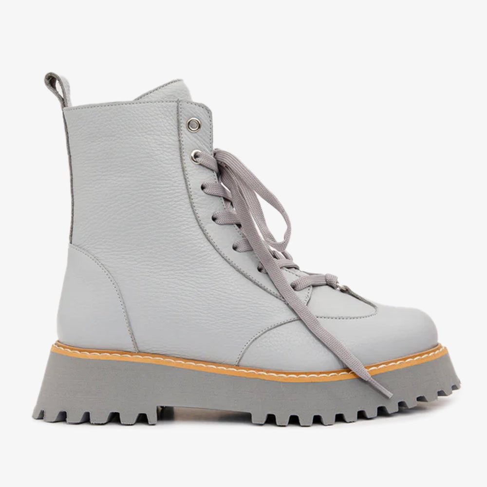 The Yildiz Grey Leather Lace-Up Ankle Boot With a Side Zipper