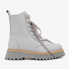 The Yildiz Grey Leather Lace-Up Ankle Boot With a Side Zipper