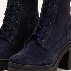 The Elera Navy Blue Leather Block Heel Boot