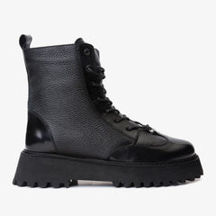 The Yildiz Black Leather Lace-Up Ankle Boot With a Side Zipper
