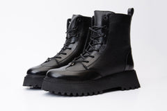 The Yildiz Black Leather Lace-Up Ankle Boot With a Side Zipper