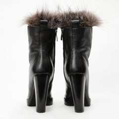 The Melo Black Leather Natural Fur Mid Calf Platform Heel Boot