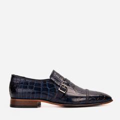 The Strat Single Monk Strap Cap Toe Navy Leather Handmade Shoe