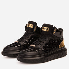 The Eugene Black Gold Woven Leather High-Top Sneaker