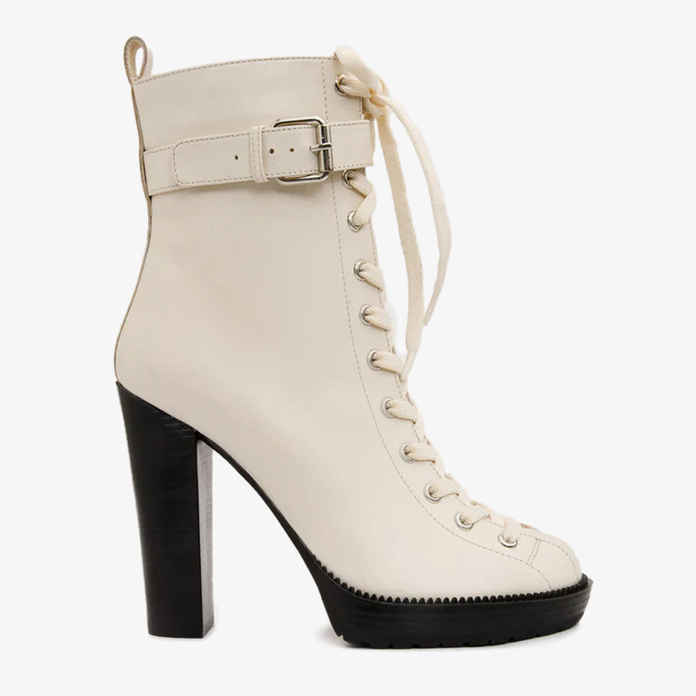 The Estrada Cream Leather Lace-Up Platform Heel Mid Calf Boot