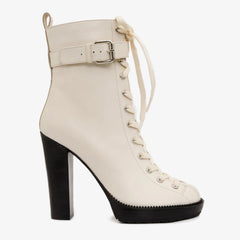 The Estrada Cream Leather Lace-Up Platform Heel Mid Calf Boot