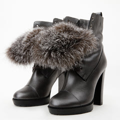 The Melo Gray Leather Natural Fur Mid Calf Platform Heel Boot