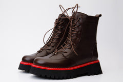 The Yildiz Brown Leather Lace-Up Ankle Boot With a Side Zipper