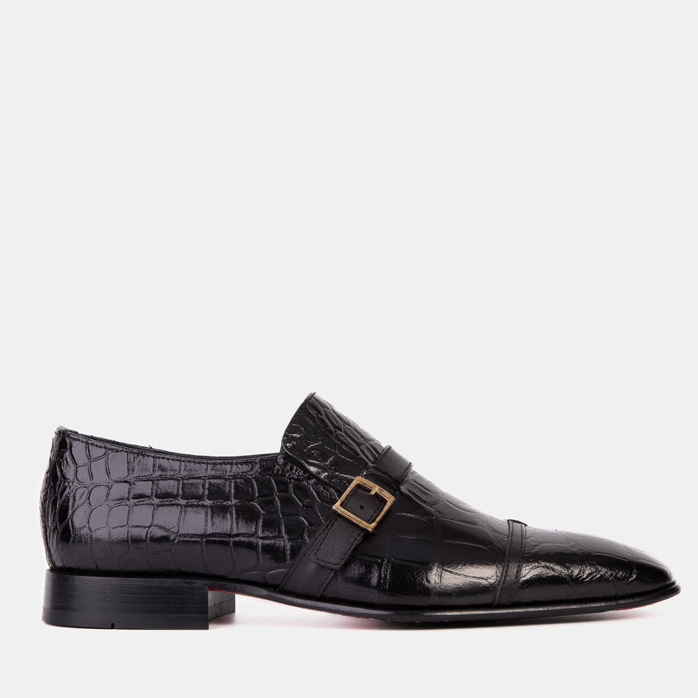 The Strat Single Monk Strap Cap Toe Black Leather Handmade Shoe