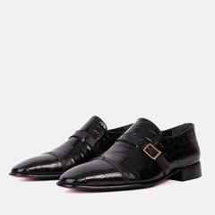 The Strat Single Monk Strap Cap Toe Black Leather Handmade Shoe