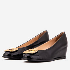 The Selene Black Leather Wedge Heel Shoe