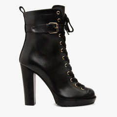 The Estrada Black Leather Lace-Up Platform Heel Mid Calf Boot