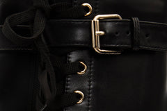 The Estrada Black Leather Lace-Up Platform Heel Mid Calf Boot
