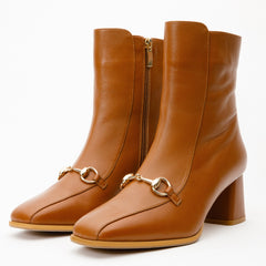 The Bukres Tan Leather Block Heel Mid Calf Boot