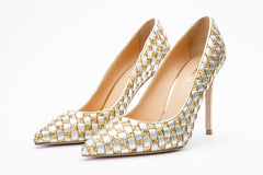 The Saks Tory Gold Silver Handwoven Leather Pump Shoe
