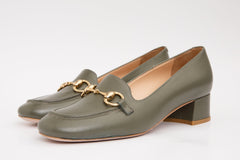 The Delhi Green Leather Block Heel Pump Shoe