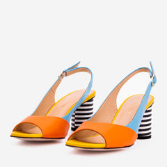The Spectrum Blue \/ Orange Block Heel Leather Sandal