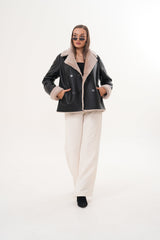 The Zurich Double-Breasted Cream Shearling Collar Leather Jacket