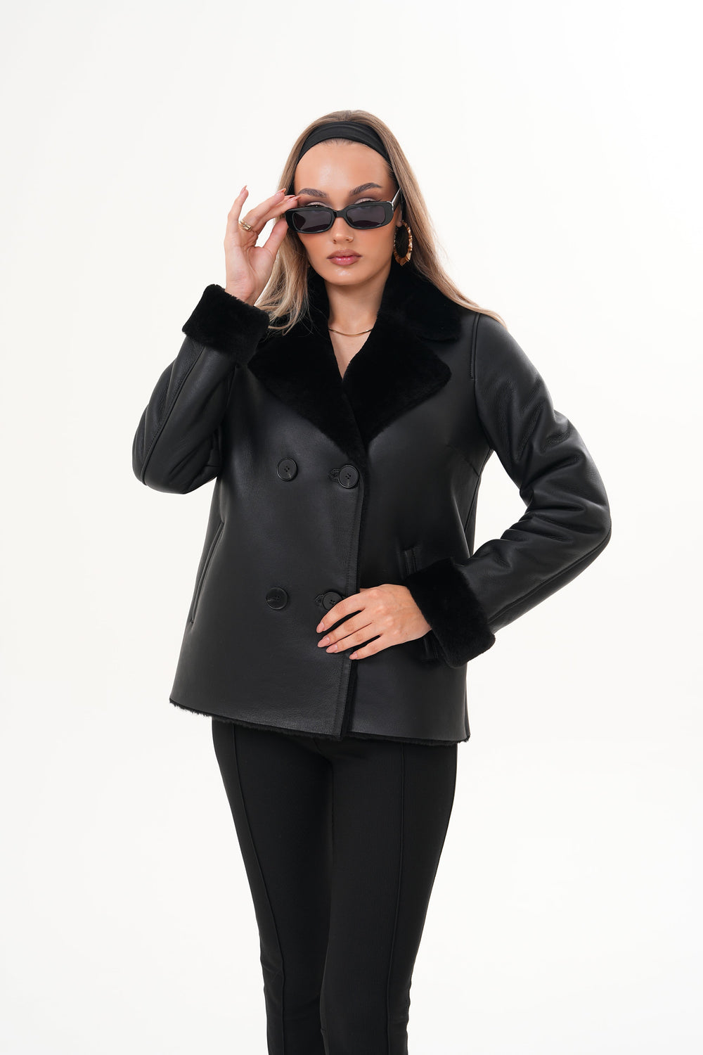 The Zurich Double-Breasted Black Shearling Leather Jacket