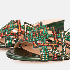 The Palma Green Glitter Leather Block Heel Sandal
