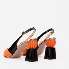 The Rize Black Orange Pumpkin Heel Leather Sandal