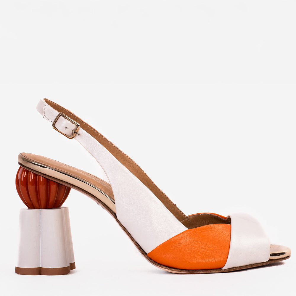 The Rize White Leather Pumpkin Heel Sandal
