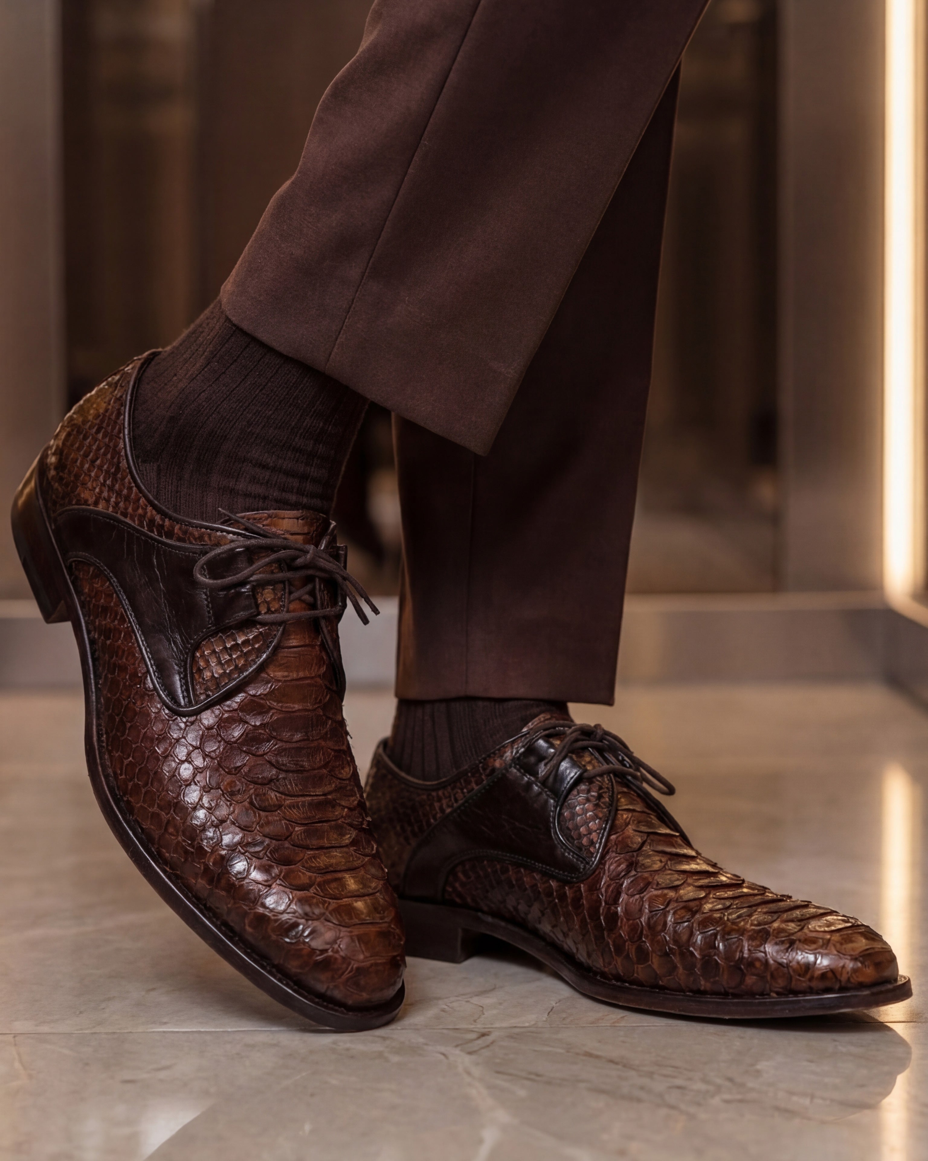 The Valmont Tan Python Leather Derby Shoe