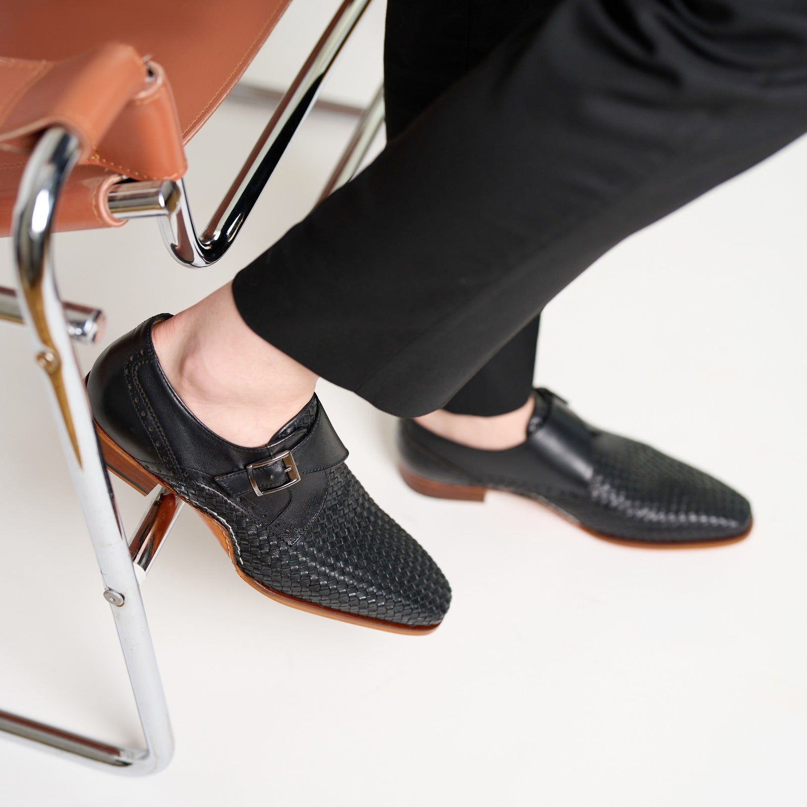 The Rolls  Woven Black Leather Single Monk Strap  Handmade Shoe