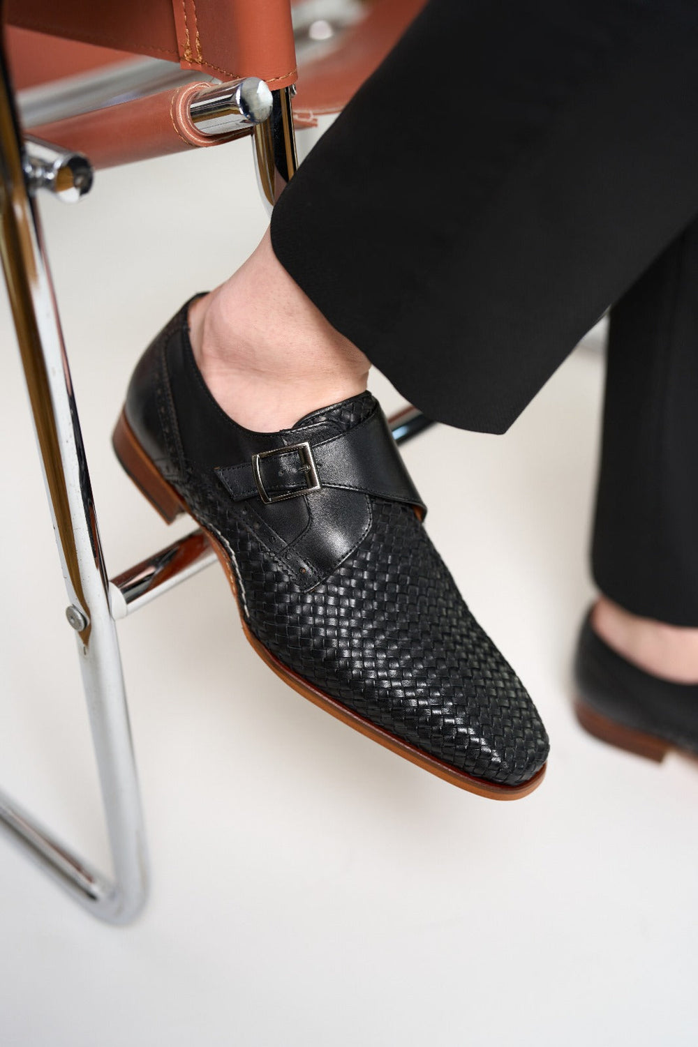 The Rolls  Woven Black Leather Single Monk Strap  Handmade Shoe
