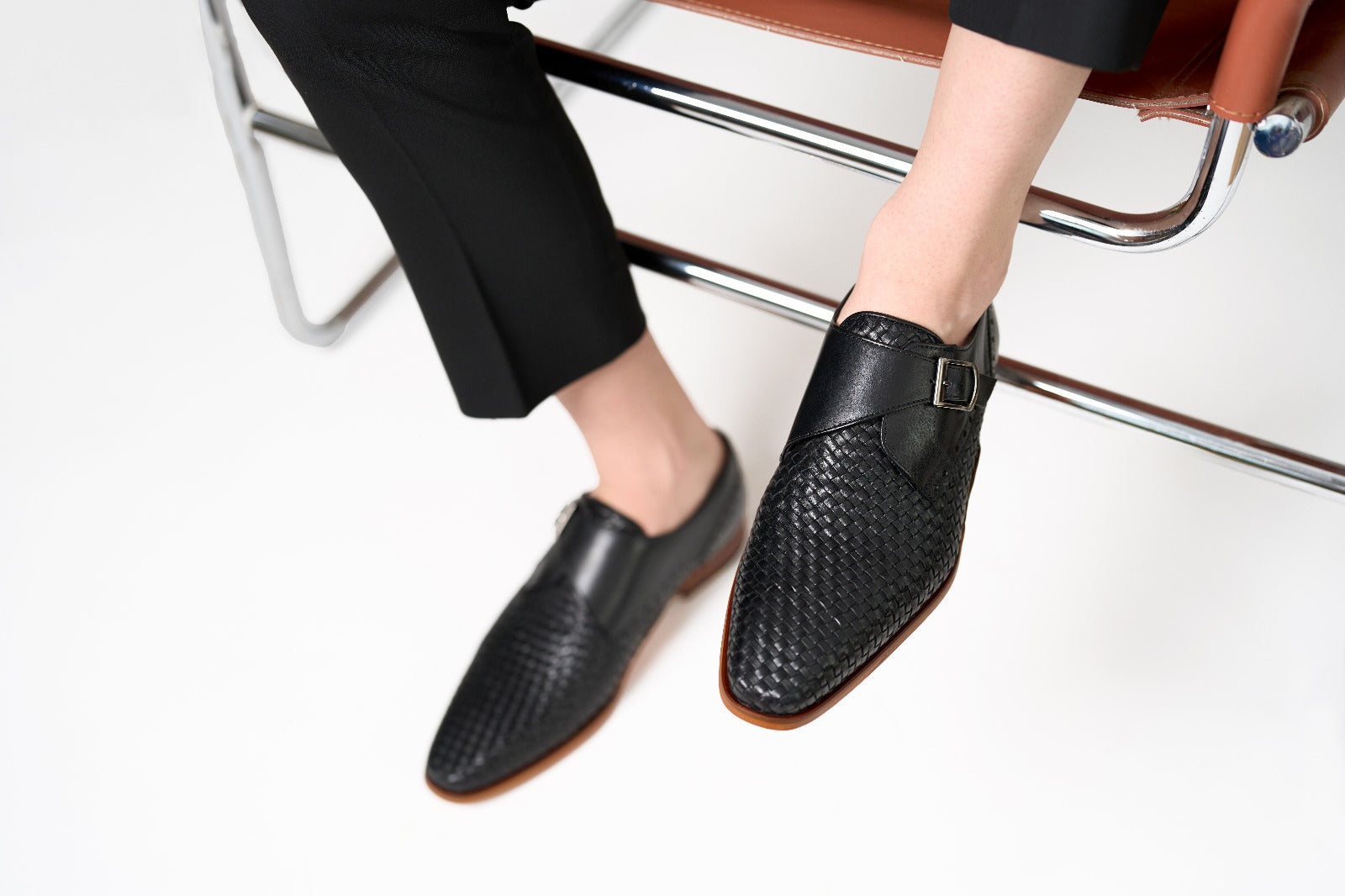 The Rolls  Woven Black Leather Single Monk Strap  Handmade Shoe