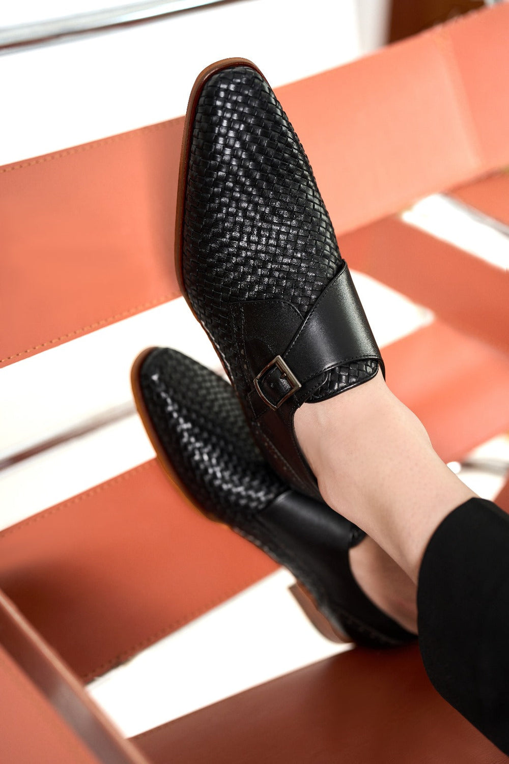 The Rolls  Woven Black Leather Single Monk Strap  Handmade Shoe