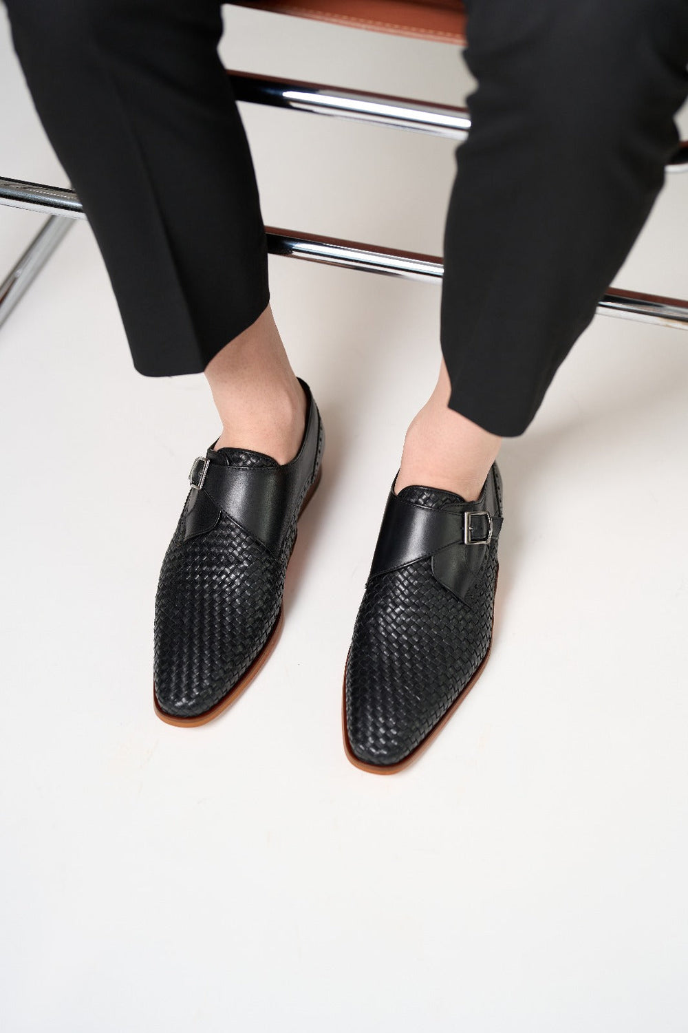 The Rolls  Woven Black Leather Single Monk Strap  Handmade Shoe