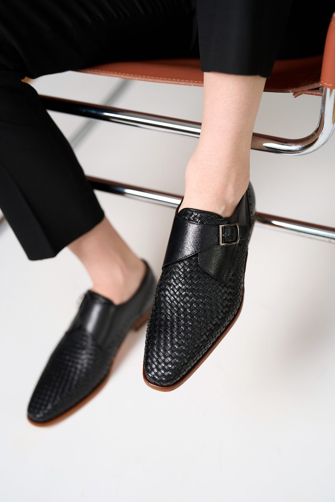 The Rolls  Woven Black Leather Single Monk Strap  Handmade Shoe