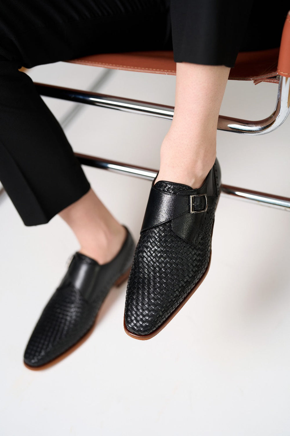 The Rolls  Woven Black Leather Single Monk Strap  Handmade Shoe