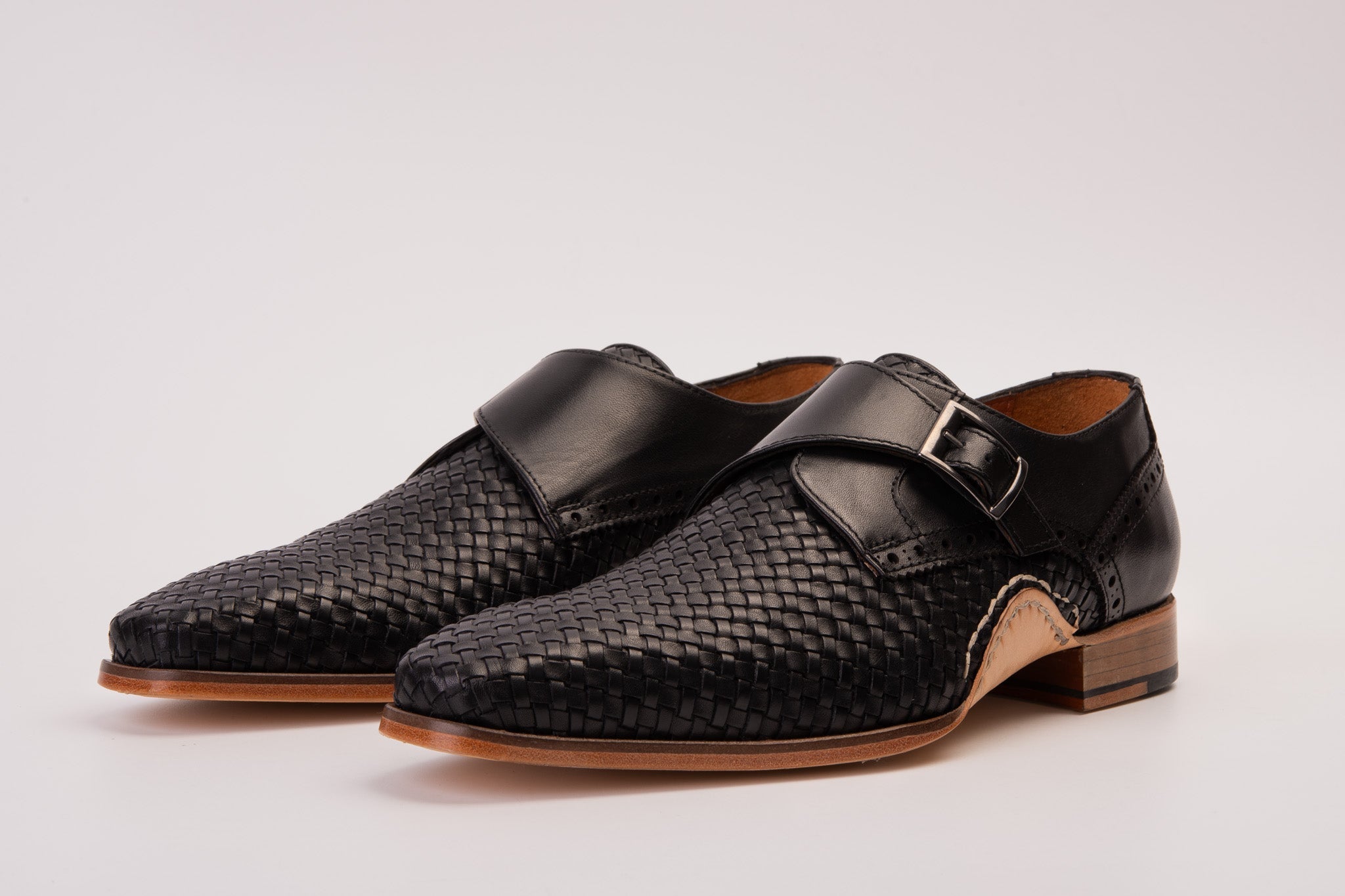 The Rolls  Woven Black Leather Single Monk Strap  Handmade Shoe